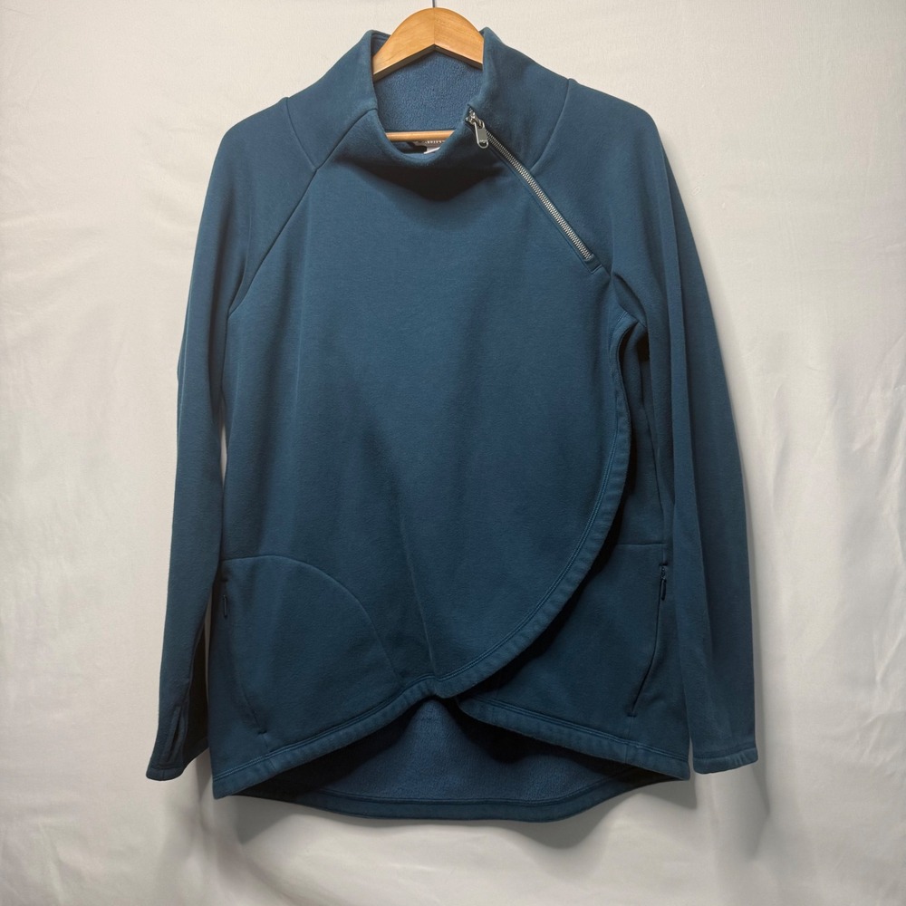 Athleta Cozy Karma Asym Pullover Women's Large Blue Teal Asymmetrical Fleece